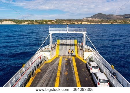 Kefalonia, Greece - September 30, 2017: Rear Side Of A Car Ferry. Cars Parked On Deck. Greece