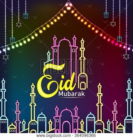 Eid Mubarak Neon Vector.happy Eid Mubarak Festive Card Design Template In Modern Trend Style