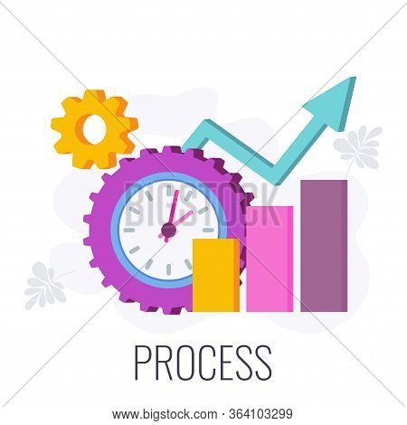 Process Infographics Flat Vector Pictogram. 7 Ps Marketing Mix. Clock, Bar Graph And Arrow. Flat Vec