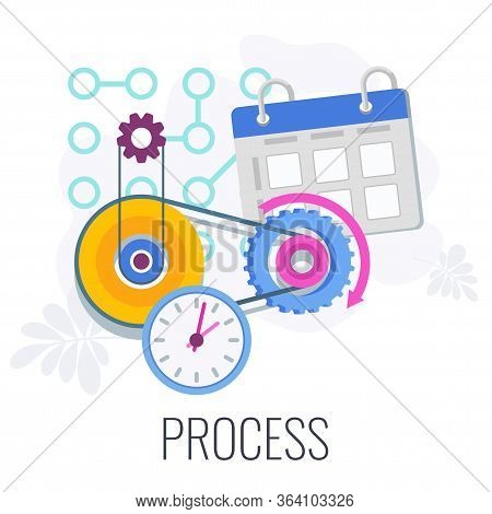 Process Infographics Flat Vector Pictogram. Gears In Mechanism. 7 Ps Marketing Mix. Flat Vector Illu