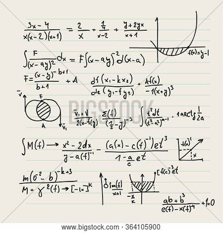 Vector Background With Mathematical Formulas, Calculations, Graphs, Proof And Scientific Research In