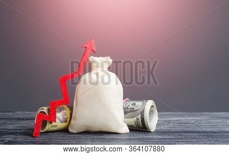 Blank Clear Money Bag And Red Arrow Up. Influx Of Investment And Capital, Increase Of Wealth. E Mark