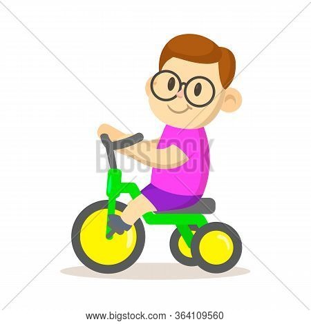 Smiling Boy Riding A Bicycle. Sport And Fitness. Cartoon Vector Flat Illustration. Isolated On White