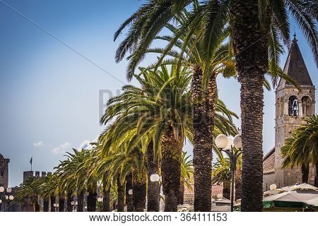 View At Town Trogir In Dalmatia, Croatia On Adriatic Coast. Old Touristic Place In Croatia Europe. T