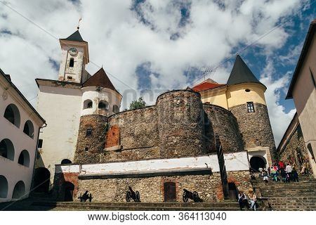 Mukachevo, Ukraine - May, 8 2017: The Courtyard Of Palanok Castle Or Mukachevo Castle At Beautiful S