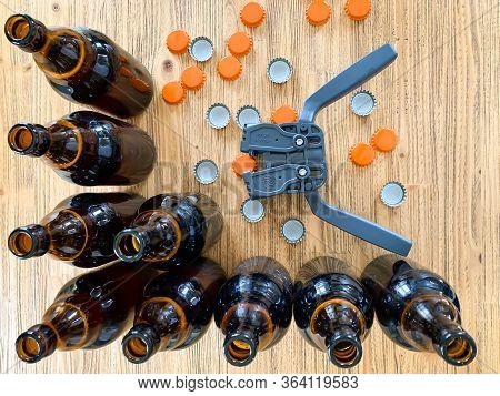 Beer Brewing At Home, Plastic Capper To Put Metal Caps On Bottles, Brown Glass Beer Bottles And Oran