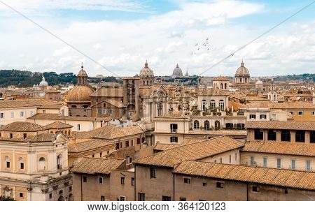 Panoramic View Of Italian Terracotta Rooftops And St Peter's Basilica Dome, Rome, Italy