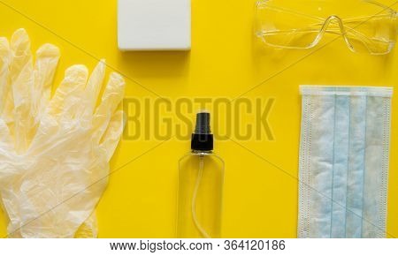 Medical Protective Mask, Respirator Ffp, Soap, Rubber Gloves, Antiseptic And Protective Glasses Lie 