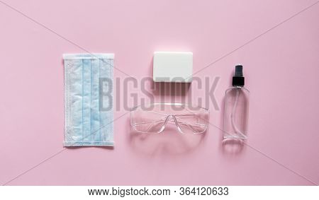 Medical Protective Mask, Respirator Ffp, Soap, Rubber Gloves, Antiseptic And Protective Glasses Lie 