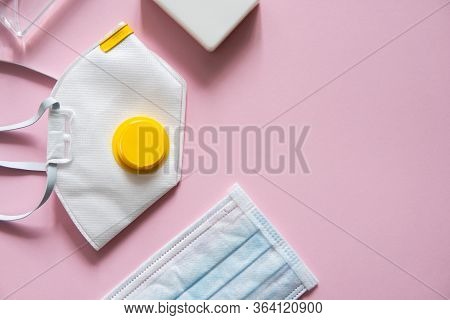 Medical Protective Mask, Respirator Ffp, Soap, Rubber Gloves, Antiseptic And Protective Glasses Lie 