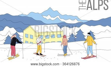 Concept Of Skiing, Winter Tourism. Group Of People Skiing In Alps. Beauitiful View On Mountains With
