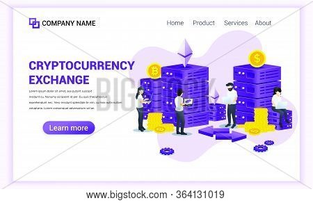 Cryptocurrency Exchange Concept With People Working On Laptop And Server For Exchange Of Bitcoin And