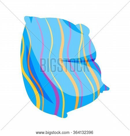 Blue Pillow With Repeating Waves Pattern. Soft, Lying On The Bed. Feather, Bamboo Eco Fabric. Colorf