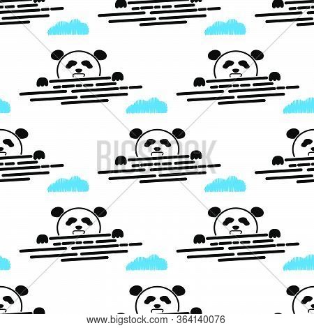 Panda Bear Seamless Pattern Vector. Panda Climbed A Wall Cartoon Repeat Pattern With Blue Cloud And 