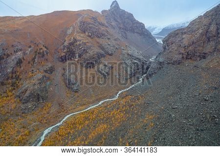View Of River And Landscape Furi Mountain In Autumn Season From Cable Car In Zermatt, Swiss