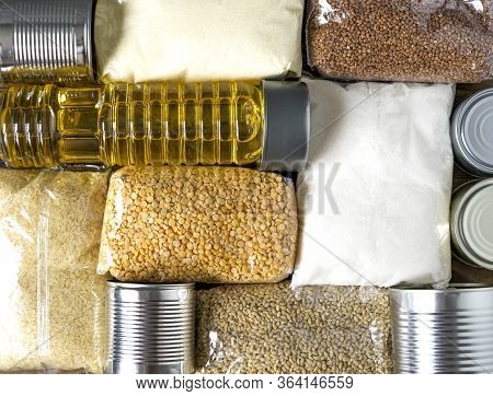 Food For Donations. Healthy Food For Food Delivery. Set Of Raw Cereals, Grains And Canned Food. Flat