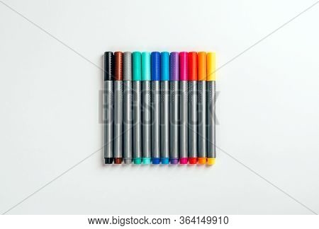 Set Of Multicolor Felt Pens, Markers On White Background, Colorful Fineliners.