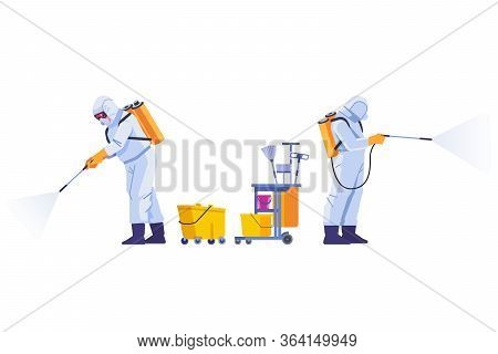 Covid-19 Coronavirus Disinfect. Disinfecting Workers Wear Protective Masks And Spacesuits Against Pa
