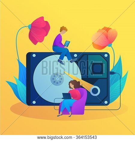 Computer Service Center Banner In Cartoon Style. Engineers Check And Fix Hard Drive Mechanism. Compu
