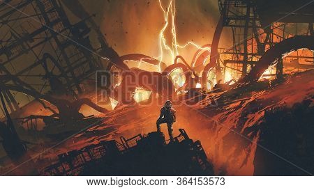 The Man In Space Suit Standing On Foundry Ruin Looking At Tentacle Aliens, Digital Art Style, Illust