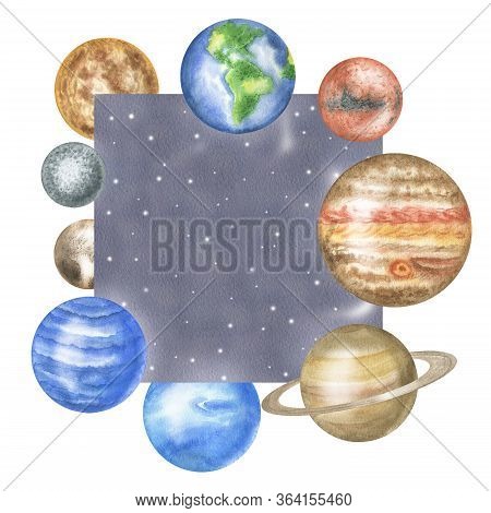 Square Frame Of Planets: Mercury, Venus, Earth, Mars, Jupiter, Saturn, Uranium, Neptune, Pluton. Iso