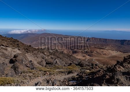 View From Teide то Las Canadas Caldera Volcano With Solidified Lava And Montana Blanca Mount. Teide 