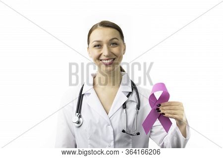 30s Female Doctor With Purple Ribbon For Epilepsy Awareness Month, Eeg Of Brain Isolated. Symbol Of 