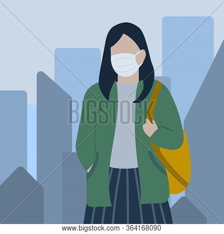 Young Woman In Medical Protective Mask And With Backpack On Background Of City. Healthy Lifestyle, M