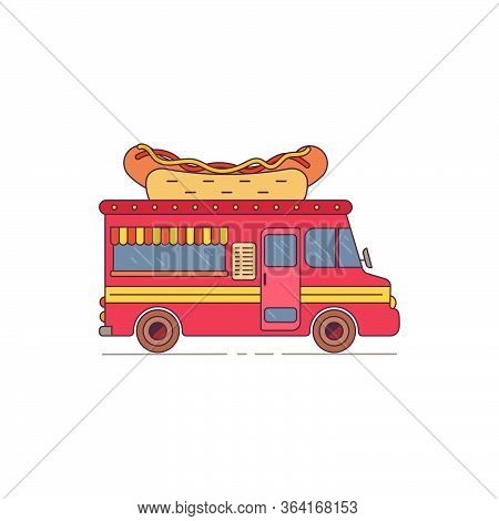Colorful Red Hot Dog Food Truck In Flat Style. Vector Illustration