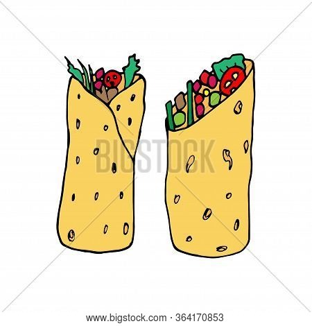 Burrito - Mexican Traditional Food. Fast Food. Hand Drawn Sketch Doodle. Vector Color Illustration F