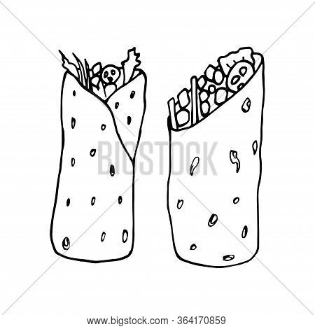 Burrito - Mexican Traditional Food. Fast Food. Hand Drawn Sketch Doodle. Vector Transparent Illustra