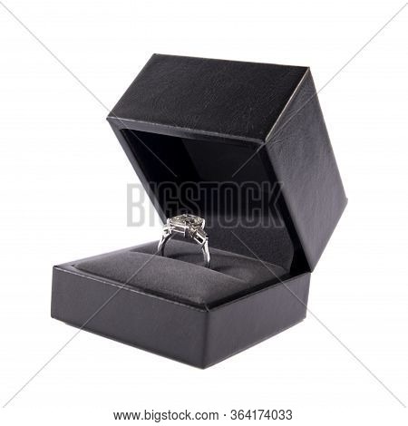 Jewelry, Golden Diamond Ring In A Box On A White Background, Isolated