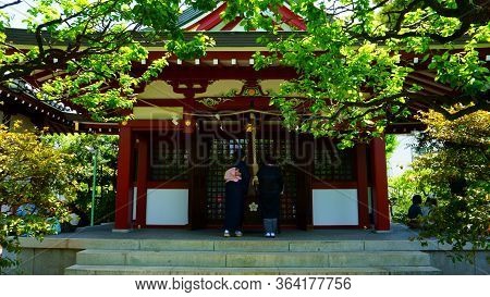 Tokyo / Japan May 05, 2019: Kameido Tenjin Shrine. Two Japanese Women Wearing Kimonos