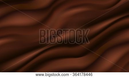 Chocolate Wavy Background. Smooth Flowing Satin Texture, Abstract Dark Brown Color Flow. Vector Illu