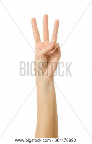 Number Three. Woman Hand With French Manicure Gesturing Isolated On White Background. Part Of Series