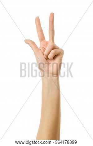 Number Three. Woman Hand With French Manicure Gesturing Isolated On White Background. Part Of Series