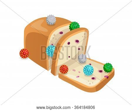 Bread Contaminate With Virus, Bacteria, And Germs On White Background. Vector Illustration Showing F