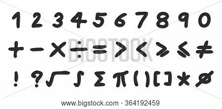 Black Color Hand Drawing Of Number Letter And Mathemetics Symbol On White Background