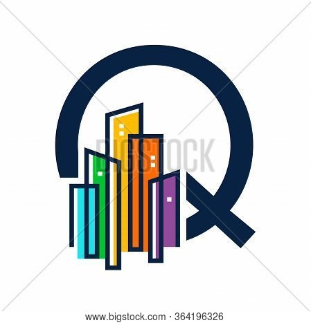 Simple, Clean And Eye Catching Logo Design Combining Initial Q With Colorful Mono Line Building.