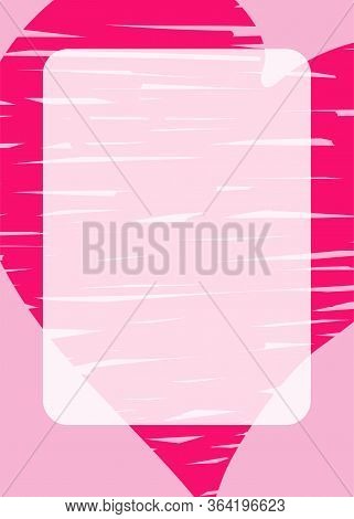 Vector Line Art Postcard For Valentine's Day With Place For Text. Hand-drawn Fuchsia Heart On A Pink