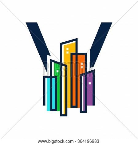 Simple, Clean And Eye Catching Logo Design Combining Initial V With Colorful Mono Line Building.