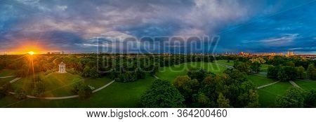 Munich From Above, Sunrise Over The English Garden, The Popular Green And Big Park In The Bavarian C