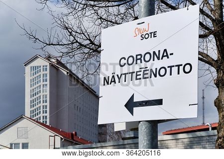 Joensuu, Finland - April 19, 2020: Road Sign To Coronavirus Sampling In Siun Sote Public Health Depa