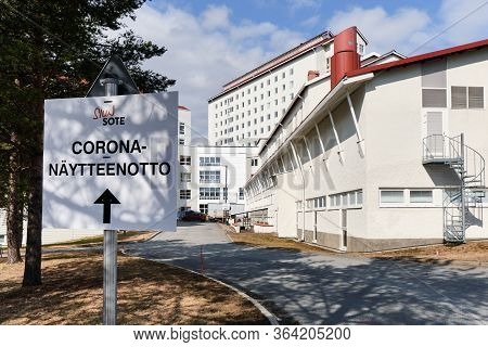 Joensuu, Finland - April 19, 2020: Road Sign To Coronavirus Sampling In Siun Sote Public Health Depa