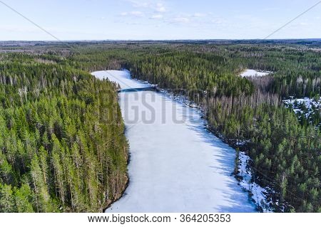 Aerial View Of Ice-covered Kallio Lake Finland. North-karelia Nature.