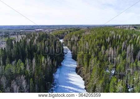 Aerial View Of Ice-covered Kallio Lake Finland. North-karelia Nature.