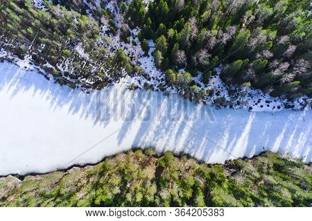 Aerial View Of Ice-covered Kallio Lake Finland. North-karelia Nature.