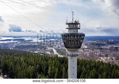Kuopio, Finland - April 28, 2020: Aerial View Of Puijo Tower.