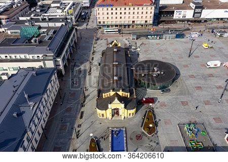 Kuopio, Finland - April 28, 2020: Aerial View Of The Market Hall And Market Square In City Center.