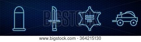 Set Line Hexagram Sheriff, Bullet, Military Knife, Wild West Covered Wagon And Tomahawk Axe. Glowing